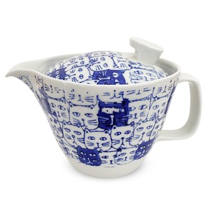 波佐见烧 日式茶壶 茶壶 附带茶叶滤网 蓝色 猫 385ml 日本制造