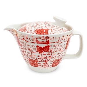 波佐见烧 日式茶壶 茶壶 附带茶叶滤网 猫 红色 385ml 日本制造