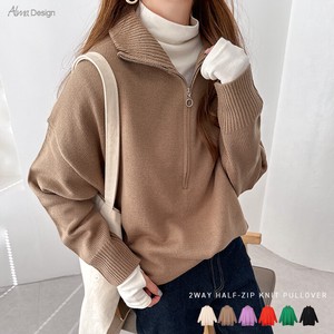 Sweater/Knitwear Pullover Knitted 2Way High-Neck Tops Half Zipper