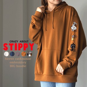 【STIPPY】【2021秋冬】袖ネコ＆ネズミ刺繍 前後差BIGパーカー