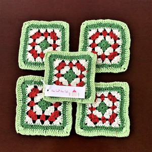 クロシェ編み・カラークロシェ・コースター・5枚セット・グリーン・手編み・クロッシェ・キッチン雑貨