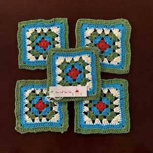 クロシェ編み・カラークロシェ・コースター・5枚セット・緑＋青・手編み・クロッシェ・キッチン雑貨