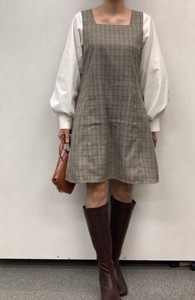 Casual Dress Yarn-dyed Checked Pattern Square Neck