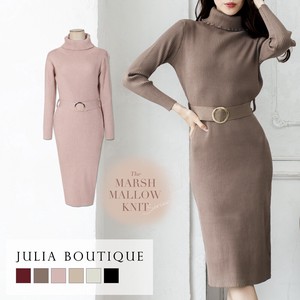 One-piece Dress Belt Attached Turtle Neck Knitted One-piece Dress 216