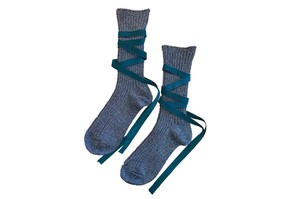 FAKUI GLITTER Socks SILVER GREEN Ribbon Lace-up Socks
