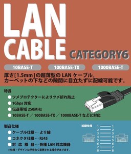 超薄型LANケーブル CAT6 厚さ1.5mm RJ45 1Gbps ツメ折れ防止プロテクター付き