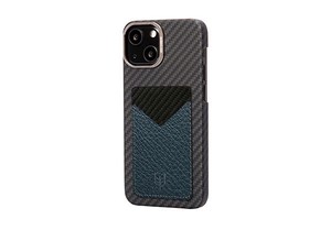 iPhone13専用 ブラックグレー カーボンケース　カードポケット付き アルミカメラレンズガード HoverSkin