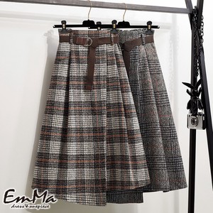 EC0991 チェック柄スカート アシメ裾 後ろゴム ベルトつき 大きいサイズ カジュアル