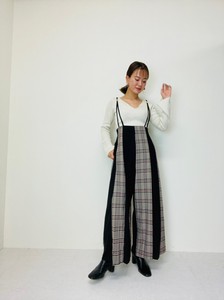 Checkered Pattern Gather Wide Overall Pants