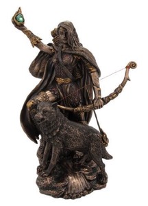 北欧神話 弓矢を持ちオオカミを連れたスカディ（スカジ）戦士ブロンズ風彫像 彫刻/ニョルズの妻(輸入品