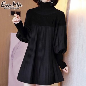 EC4369 チュニックシャツ ハイネック プリーツシャツ 黒 デザインシャツ カジュアル 春 秋