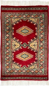 手織り絨毯　玄関マット　約60x100cm　NZウール100％　レッド　パキスタン製　民族柄【14330】