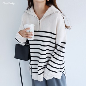 Border Jersey Stretch Turtle Neck Long Sleeve Knitted Sweater Top
