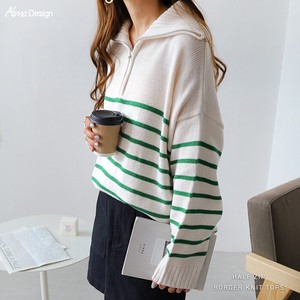 Sweater/Knitwear Plainstitch Knitted Long Sleeves Tops Turtle Neck Border Half Zipper