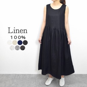 Linen 100% Sleeveless Funwari Gather Long One-piece Dress 100