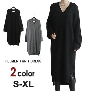 Knitted One-piece Dress Ladies A/W Long Sleeve One-piece Dress Leisurely V-neck