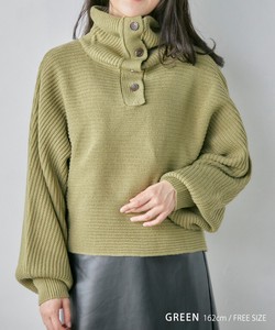 Sweater/Knitwear Dolman Sleeve Knitted 2Way Buttons Turtle Neck Puff Sleeve