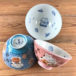 Mino ware Rice Bowl Pink Beckoning Cat Cat Pottery Made in Japan