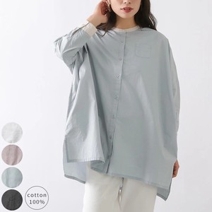 Button Shirt/Blouse Band-Collar Shirt Slit Long Sleeves
