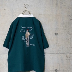 ナチュラルストレッチポリエステル バック刺繍"OUTFIT GIRL"オープンカラー半袖シャツ