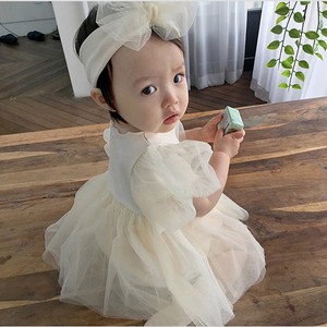 Hair Band Attached Fluffy Short Sleeve Dress Rompers Baby Newborn Kids 2
