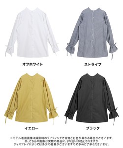 Button Shirt/Blouse Tunic Sleeve Ribbon Collarless 2Way Tops Band Collar Puff Sleeve Tuck