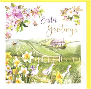 グリーティングカード イースター「花の草原を歩くアヒル」 メッセージカード イラスト