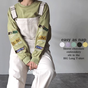 【easy as nap】 袖チョコレート刺繍 スリット入 BIG ロングTシャツ