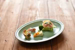 グリーンリムドット27オーバル 緑系 洋食器 変形プレート 日本製 美濃焼 おしゃれ モダン