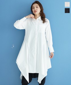 Cotton Plain Long Sleeve Attached Switching Asymmetry Long Shirt Blouse 6 66