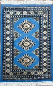 手織り絨毯　玄関マット　ウール100％　約60x90cm　ライトブルー　パキスタン製　民族柄【35494】