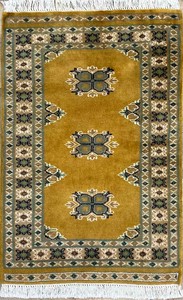 手織り絨毯　玄関マット　ウール100％　約60x100cm　ゴールド　パキスタン製　ラグ　民族柄【38867】