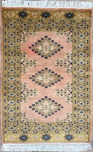 手織り絨毯　玄関マット　ウール100％　約60x90cm　ピンク　パキスタン製　ラグ　民族柄【50356】