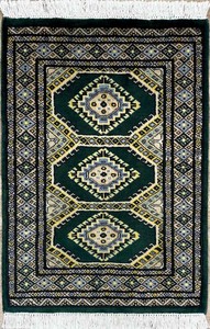手織り絨毯　玄関マット　ウール100％　約60x90cm　グリーン　パキスタン製　ラグ　民族柄【35101】