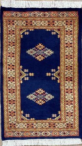 手織り絨毯　玄関マット　ウール100％　約60x90cm　ブルー　パキスタン製　ラグ　民族柄【38851】