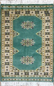 手織り絨毯　玄関マット　ウール100％　約60x90cm　グリーン　パキスタン製　ラグ　民族柄【38861】