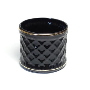 ポルトガル製 陶器 植木鉢カバー キルティング チェック ブラック ゴールド 直径16cm