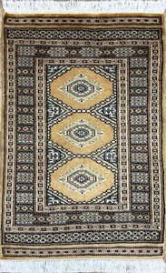 手織り絨毯　玄関マット　ウール100％　約60x90cm　ベージュ　ラグ　パキスタン製　民族柄【16707】
