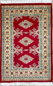 手織り絨毯　玄関マット　ウール100％　約60x90cm　レッド　パキスタン製　ラグ　民族柄【21189】