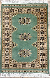 手織り絨毯　玄関マット　約60x90cm　ウール100％　グリーン　ラグ　パキスタン製　ラグ　民族柄【38878】