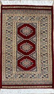 手織り絨毯　玄関マット　約60x100cm　ウール100％　レッド　ラグ　パキスタン製　民族柄【16698】