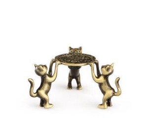 中国茶道具 蓋置き 三匹の猫 ユニーク 金属製 (アンティークゴールド)  YMB613