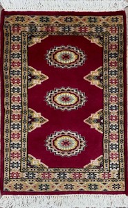 手織り絨毯　玄関マット　ウール100％　約50x80cm　レッド　パキスタン製　民族柄【50297】