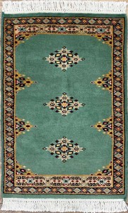 手織り絨毯　玄関マット　約50x80cm　ウール100％　グリーン　パキスタン製　民族柄【38793】