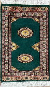 手織り絨毯　玄関マット　ウール100％　約50x80cm　グリーン　パキスタン製　民族柄【50254】