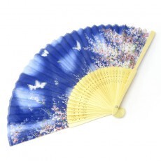 高級シルク扇子【花と蝶ブルー】504-576