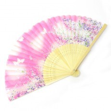 高級シルク扇子【花と蝶ピンク】 504-723