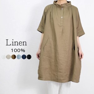 Linen 100% Stand Color One-piece Dress Leisurely 100% New Color