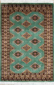 手織り絨毯　ラグ　ウール100％　約100x140cm　グリーン　パキスタン製　マット　民族柄【38217】