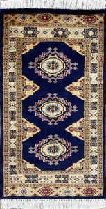 手織り絨毯　ラグ　ウール100％　約50x80cm　ブルー　パキスタン製　玄関マット　民族柄【50234】